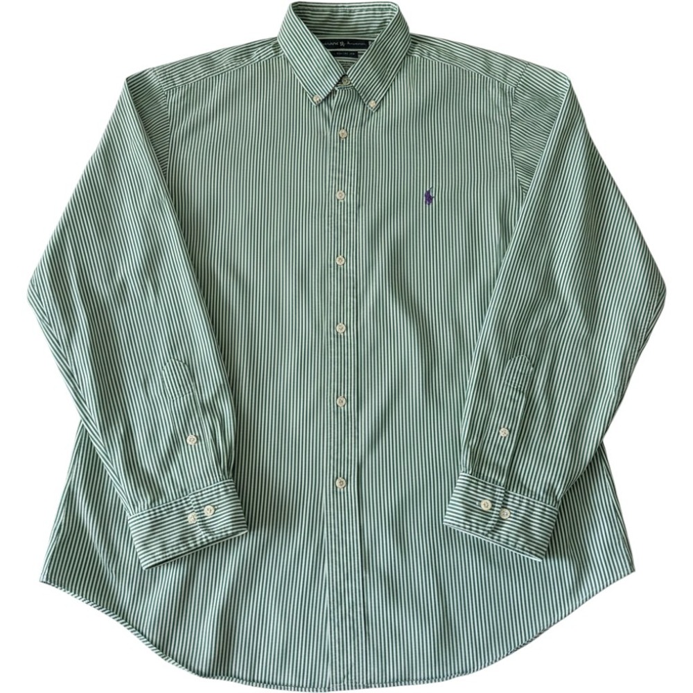 Ralph Lauren Button Down Shirt Mens L Green White Stripe Classic Fit Long Sleeve